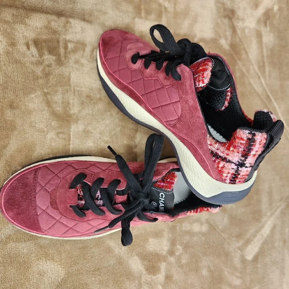 Chanel Casual Fabric Tweed Suede Sneakers, Authentic